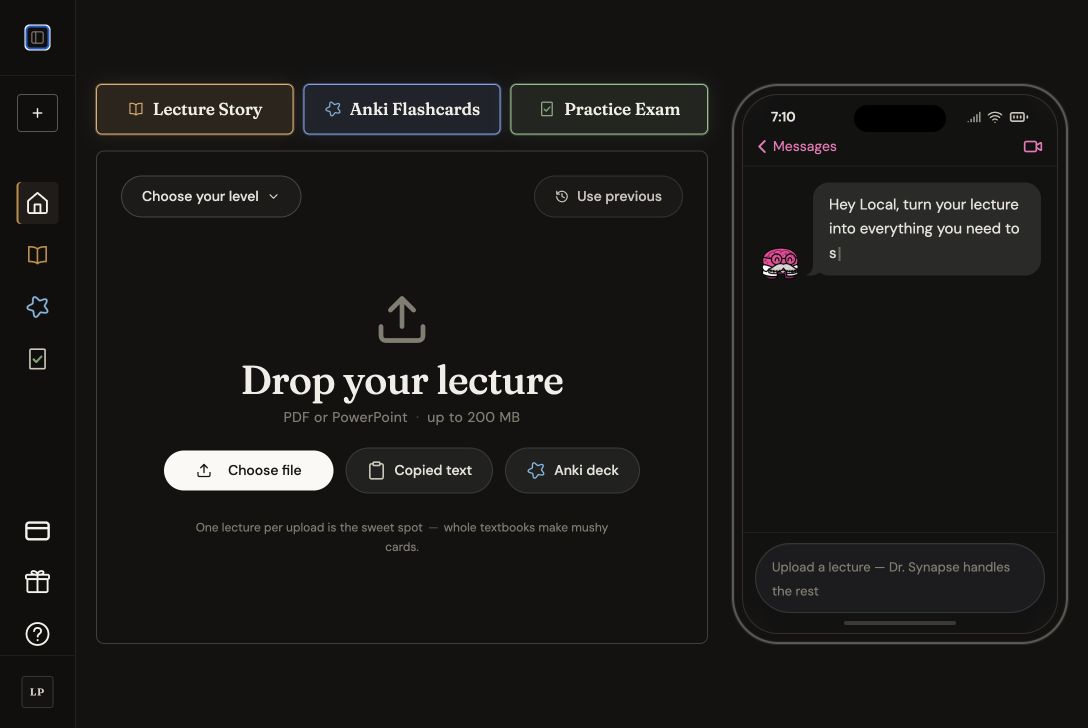 SynapticRecall upload screen with Lecture Story, Anki Flashcards, and Practice Exam selected